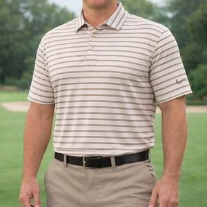 Nike Fit Dry Golf Polo Shirt Cream Brown Stripe Men's XL Performance Casual